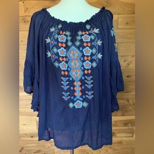 Urban Mangoz Embroidered Navy Beaded Boho Ruffled Blouse Size M